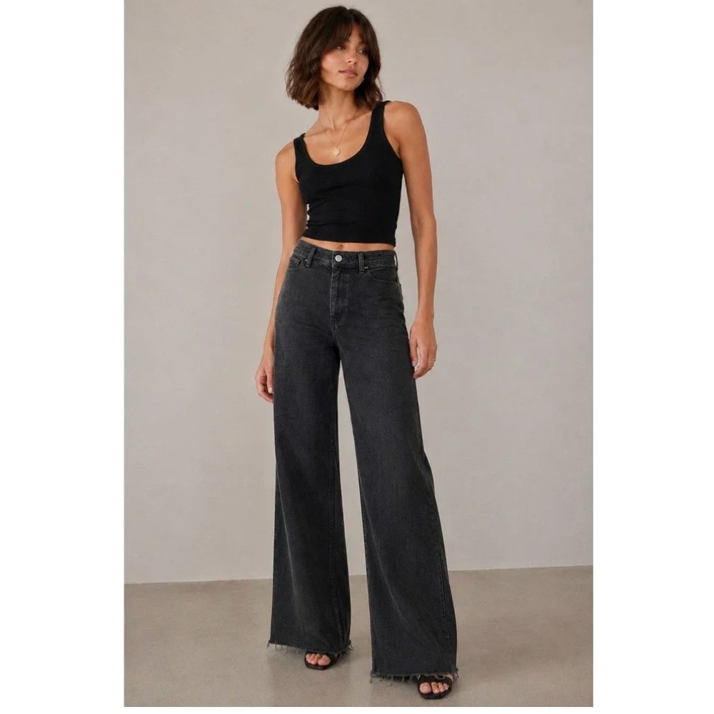 Zara Marine Straight Jeans Women Sz 4 Dark Grey Wide Leg Frayed Hem High Rise